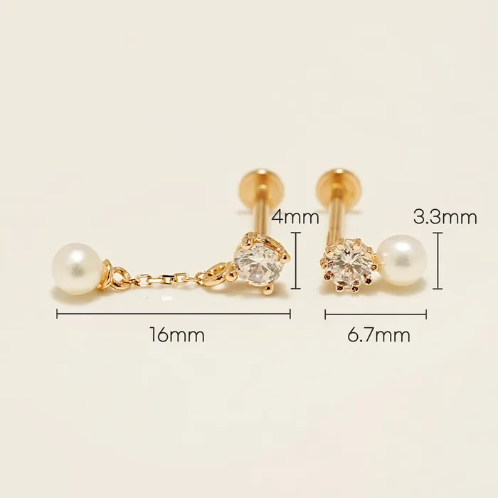 Earrings MinimalBijoux 14K Gold Point Cubic Pearl Internally Threaded Labret Piercing 18G16G