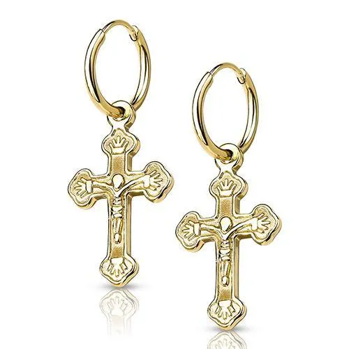 Earrings Tulsa Body Jewelry Gold Hinged Hoop Cross Dangles