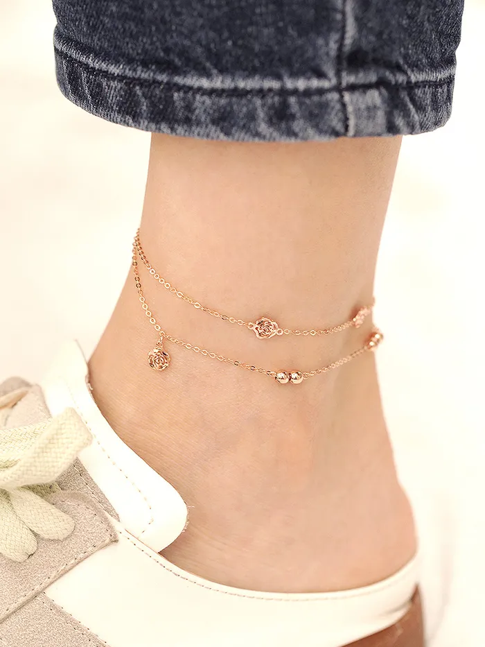 MinimalBijoux 14K Gold Two Lines Rose Ball Anklet Earrings