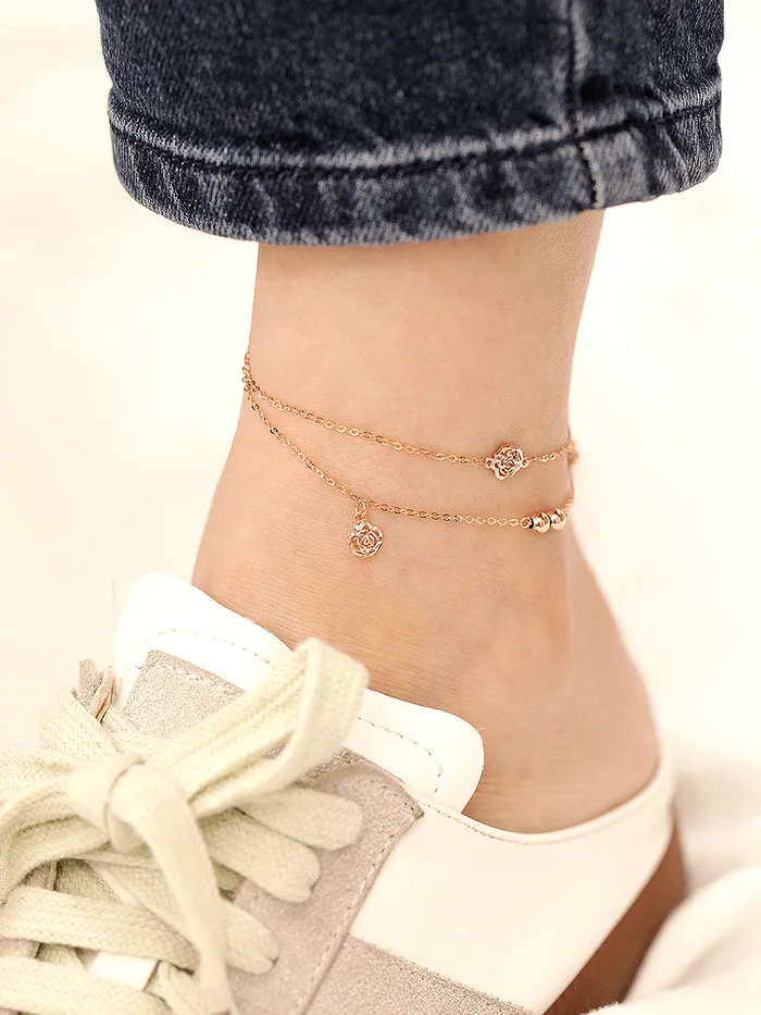 MinimalBijoux 14K Gold Two Lines Rose Ball Anklet Earrings