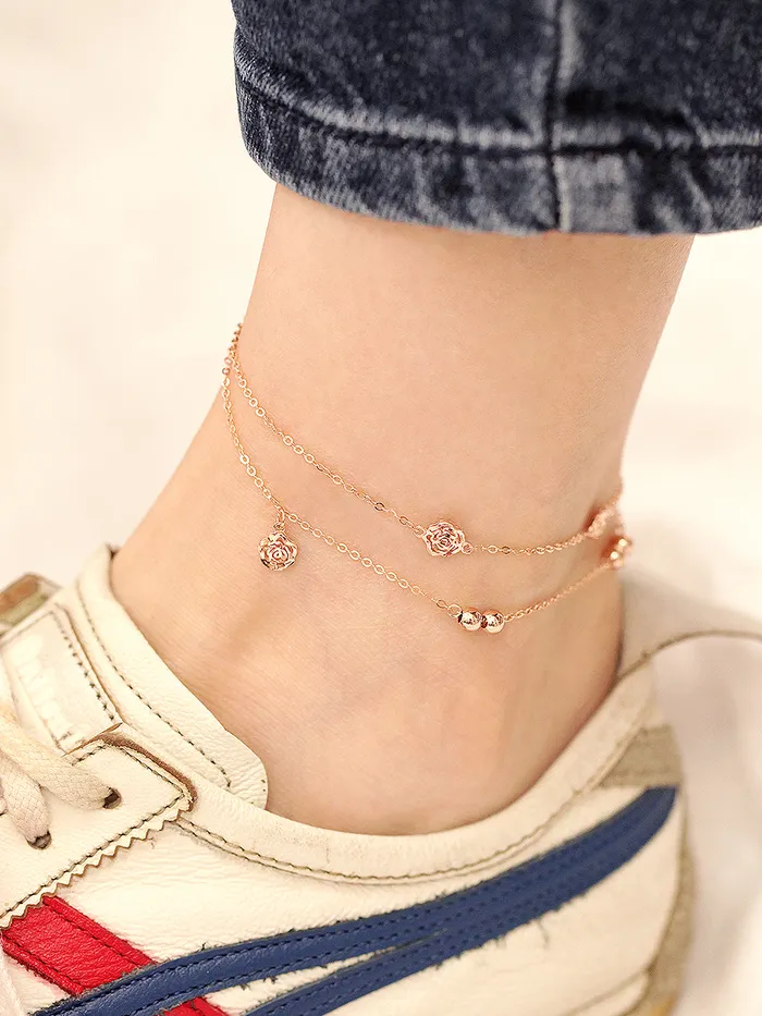 MinimalBijoux 14K Gold Two Lines Rose Ball Anklet Earrings