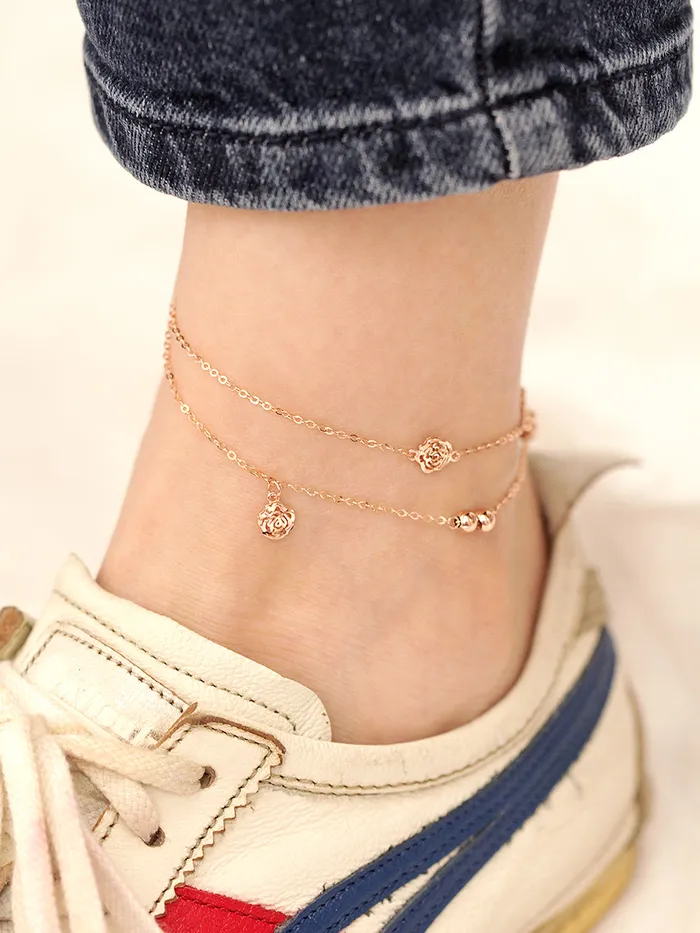 MinimalBijoux 14K Gold Two Lines Rose Ball Anklet Earrings