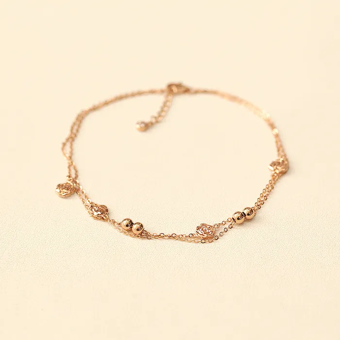 MinimalBijoux 14K Gold Two Lines Rose Ball Anklet Earrings