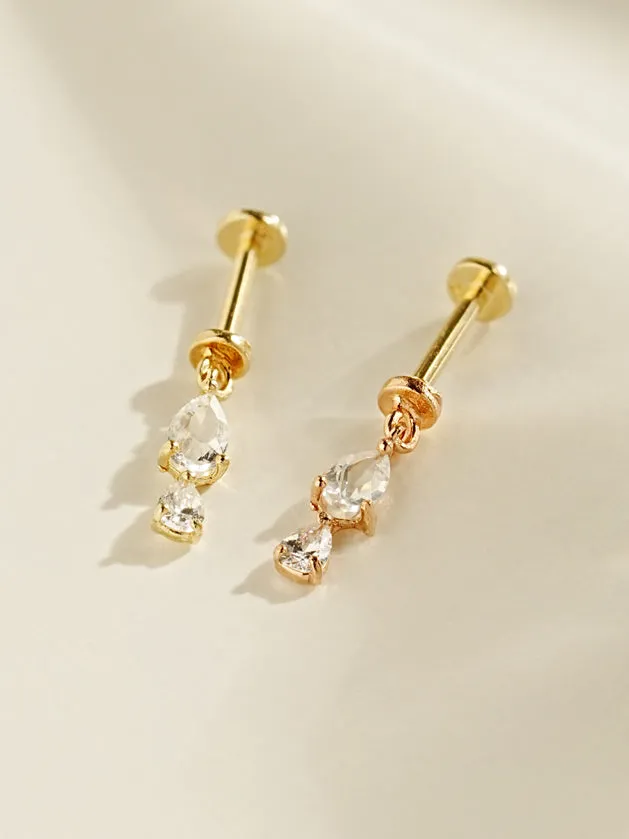 MinimalBijoux Earrings 14K Gold Double Cubic Tear Drop Internally Threaded Labret Piercing 20G18G16G