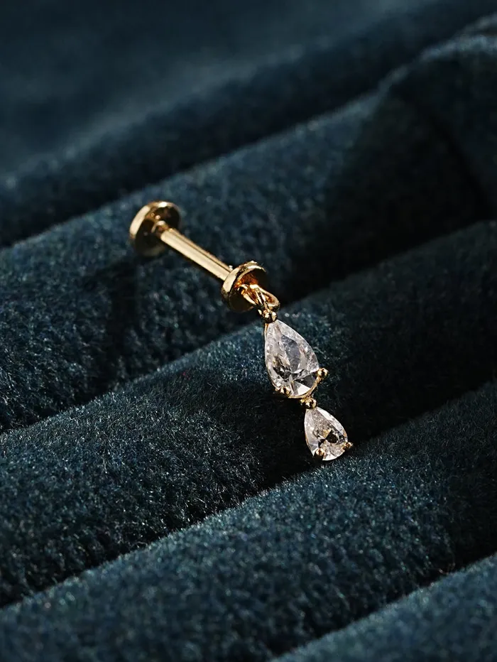 MinimalBijoux Earrings 14K Gold Double Cubic Tear Drop Internally Threaded Labret Piercing 20G18G16G