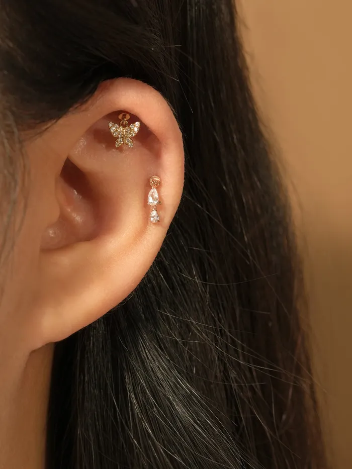 MinimalBijoux Earrings 14K Gold Double Cubic Tear Drop Internally Threaded Labret Piercing 20G18G16G