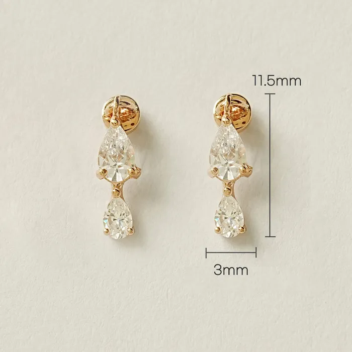 MinimalBijoux Earrings 14K Gold Double Cubic Tear Drop Internally Threaded Labret Piercing 20G18G16G