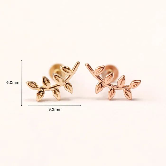 MinimalBijoux Rings 14K Gold Simple Leaf Internally Threaded Labret Piercing 18G16G