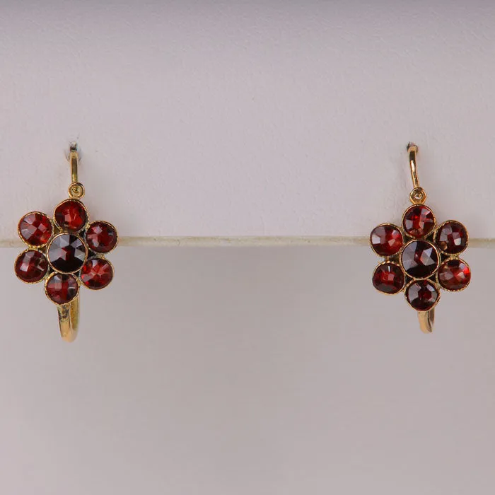 Moriartys Gem Art Earrings 14K Yellow Gold Garnet Flower Earrings