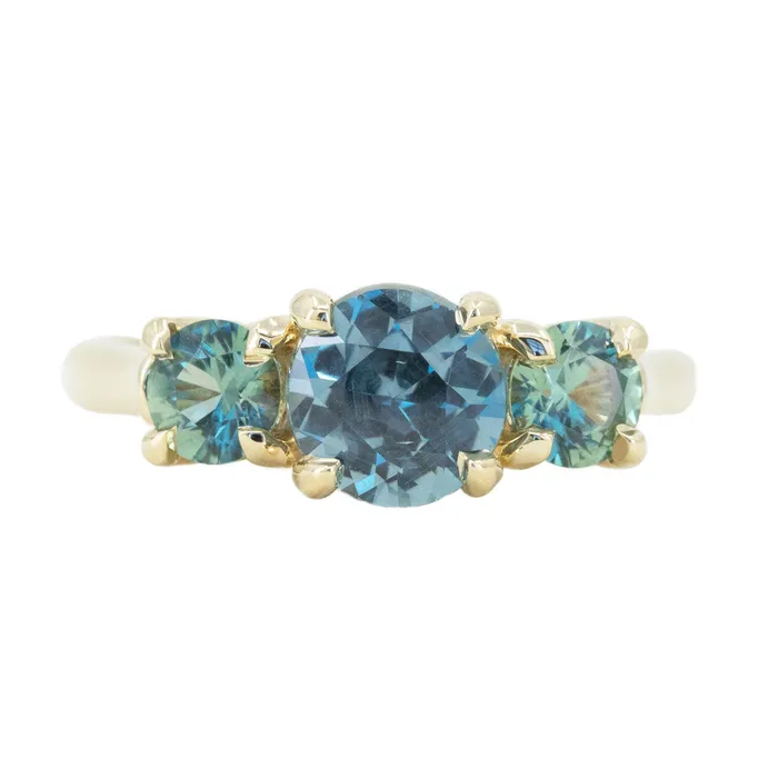 Rings 159ct Center Montana Sapphire Three Stone Ring in 14k Yellow Gold Anueva Jewelry Rings 159ct Center Montana Sapphire Three Stone Ring in 14k Yellow Gold Anueva Jewelry