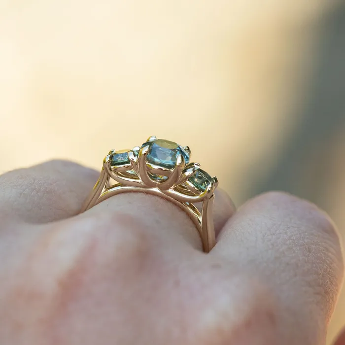 Rings 159ct Center Montana Sapphire Three Stone Ring in 14k Yellow Gold Anueva Jewelry