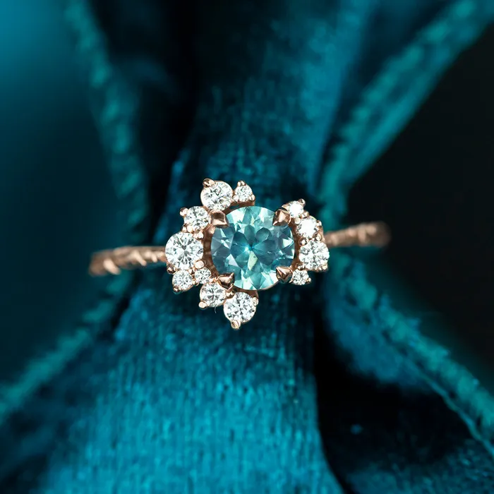 Rings Anueva Jewelry 087ct Round Nigerian Sapphire Asymmetrical Diamond Cluster Ring In 14k Rose Gold