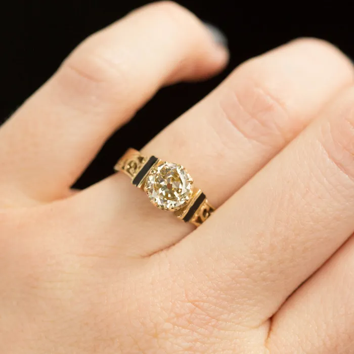 Rings Anueva Jewelry Champagne Old Mine Cut Diamond Vintage Yellow Gold and Black Enamel Ring Rings Anueva Jewelry Champagne Old Mine Cut Diamond Vintage Yellow Gold and Black Enamel Ring