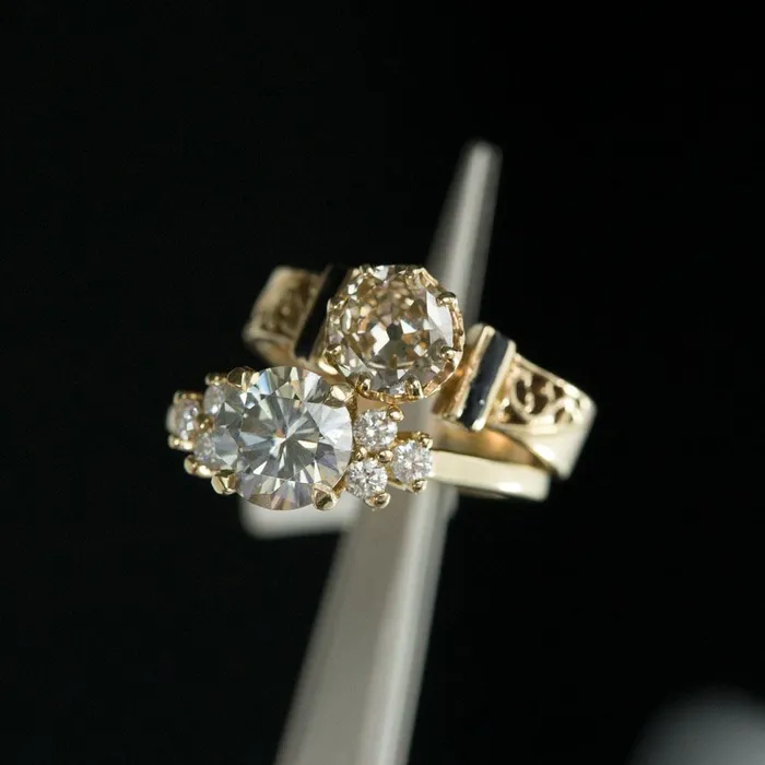 Rings Anueva Jewelry Champagne Old Mine Cut Diamond Vintage Yellow Gold and Black Enamel Ring