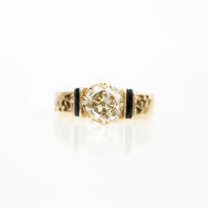 Rings Anueva Jewelry Champagne Old Mine Cut Diamond Vintage Yellow Gold and Black Enamel Ring