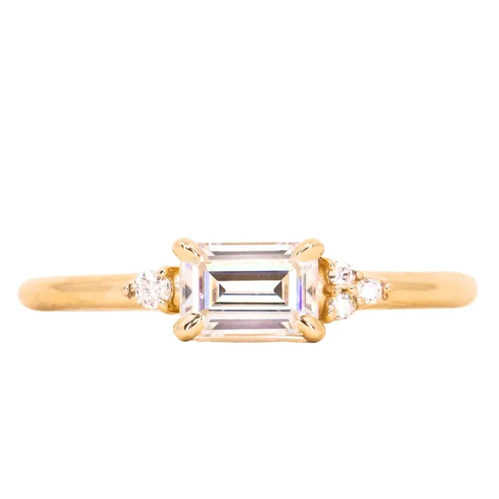 Rings Anueva Jewelry EastWest Emerald cut Moissanite Asymmetrical Ring in 14k Yellow Gold Rings Anueva Jewelry EastWest Emerald cut Moissanite Asymmetrical Ring in 14k Yellow Gold