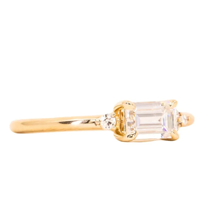 Rings Anueva Jewelry EastWest Emerald cut Moissanite Asymmetrical Ring in 14k Yellow Gold