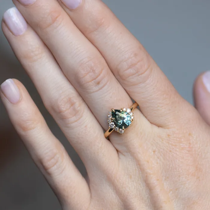 Rings Dudley Blauwet Gems 233ct Untreated Pear Montana Sapphire and Diamond Asymmetrical Cluster Ring in 18k Yellow Gold