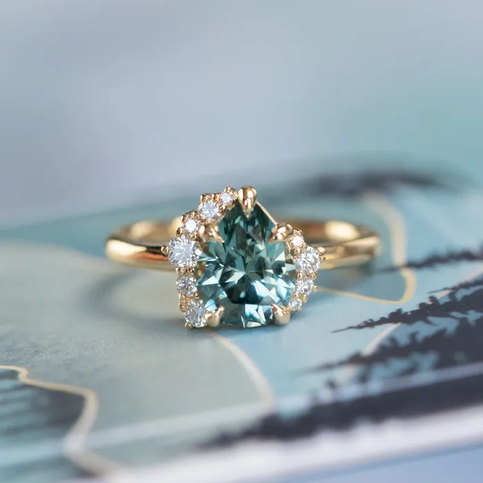 Rings Dudley Blauwet Gems 233ct Untreated Pear Montana Sapphire and Diamond Asymmetrical Cluster Ring in 18k Yellow Gold