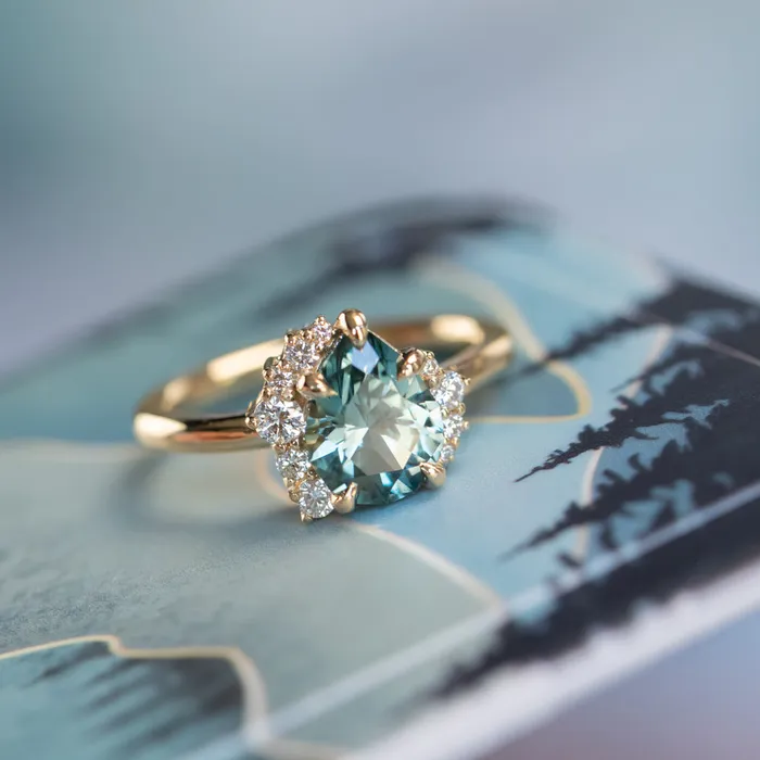 Rings Dudley Blauwet Gems 233ct Untreated Pear Montana Sapphire and Diamond Asymmetrical Cluster Ring in 18k Yellow Gold