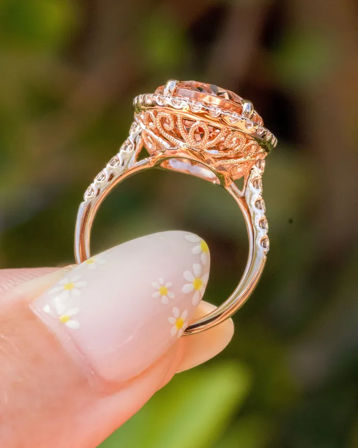 Rings Princess Bride Diamonds 943ct Oval Peach Pink Morganite Ring with Filigree Rings Princess Bride Diamonds 943ct Oval Peach Pink Morganite Ring with Filigree