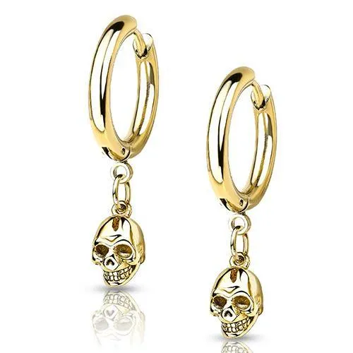 Tulsa Body Jewelry Earrings Gold Hinged Hoop Skull Dangles