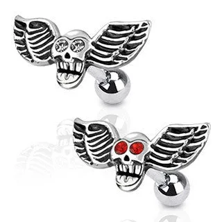 Tulsa Body Jewelry Rings Winged CZ Skull Cartilage Barbell