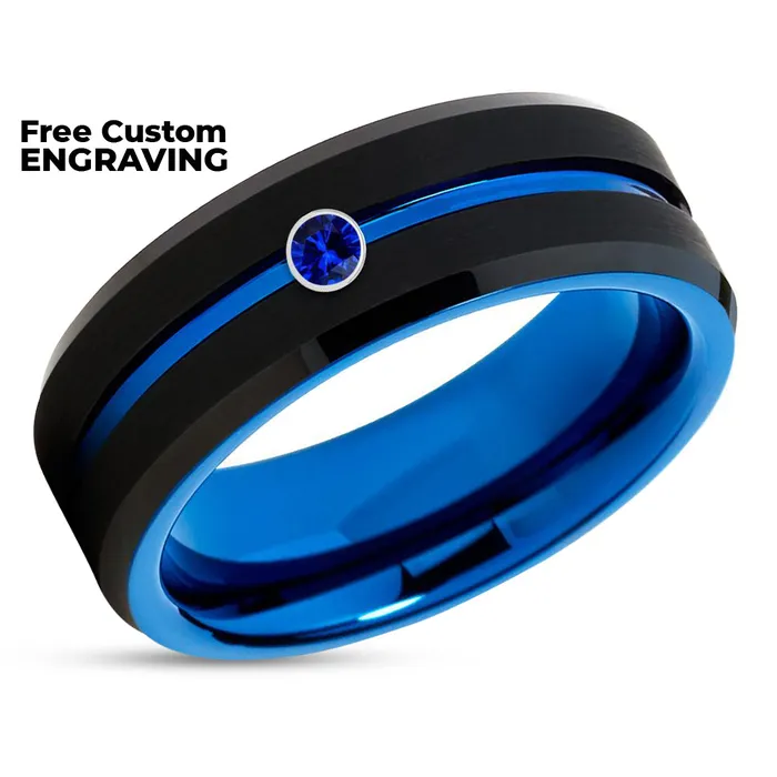 Black Tungsten Wedding Ring Blue Sapphire Ring Tungsten Wedding Ring Wedding Band Clean Casting Jewelry Rings