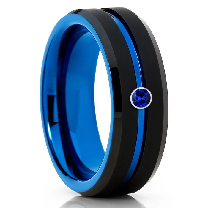 Black Tungsten Wedding Ring Blue Sapphire Ring Tungsten Wedding Ring Wedding Band Clean Casting Jewelry Rings