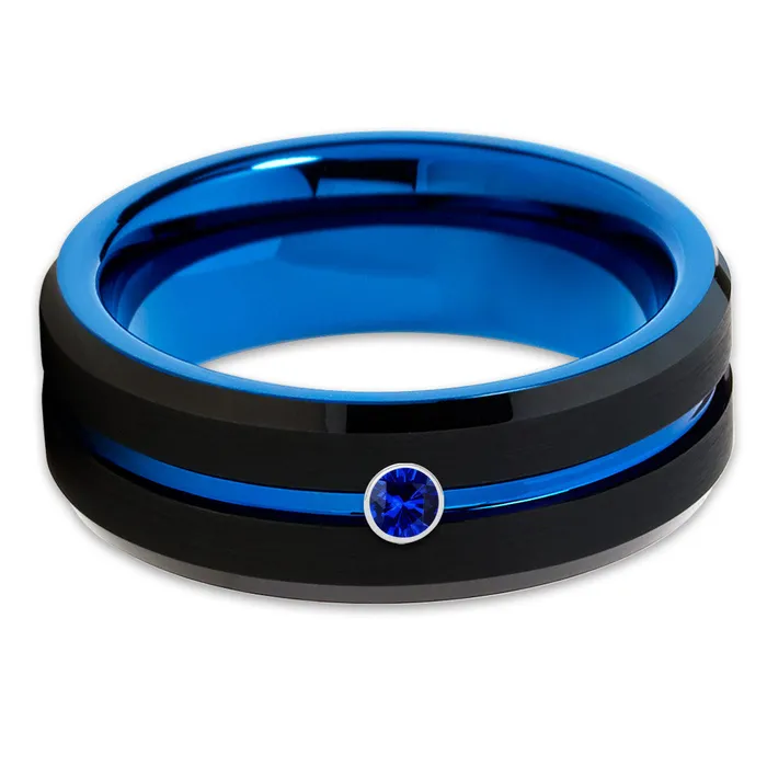 Black Tungsten Wedding Ring Blue Sapphire Ring Tungsten Wedding Ring Wedding Band Clean Casting Jewelry Rings