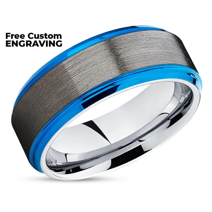Clean Casting Jewelry Rings Blue Wedding Band Gunmetal Wedding Ring Silver Tungsten Ring Men Women