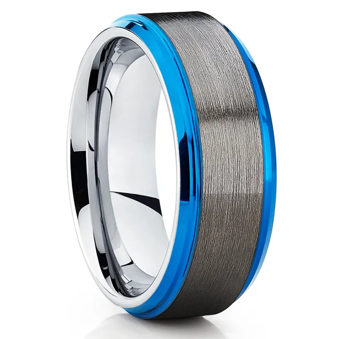 Clean Casting Jewelry Rings Blue Wedding Band Gunmetal Wedding Ring Silver Tungsten Ring Men Women