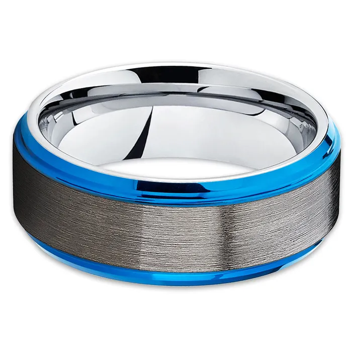 Clean Casting Jewelry Rings Blue Wedding Band Gunmetal Wedding Ring Silver Tungsten Ring Men Women