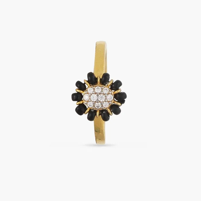 Delicate Floral CZ Silver Black Bead Ring SILVER Rings