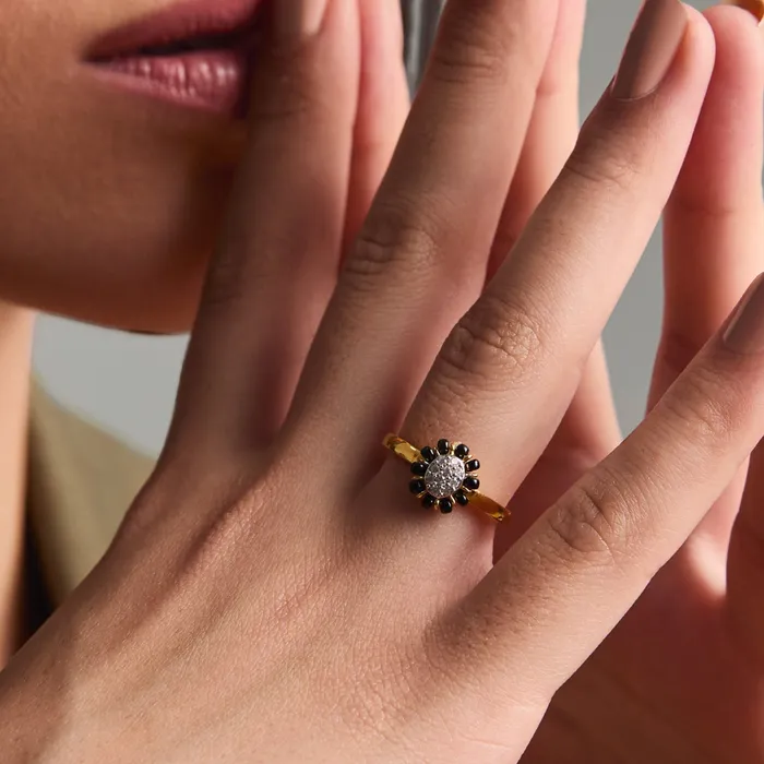 Delicate Floral CZ Silver Black Bead Ring SILVER Rings