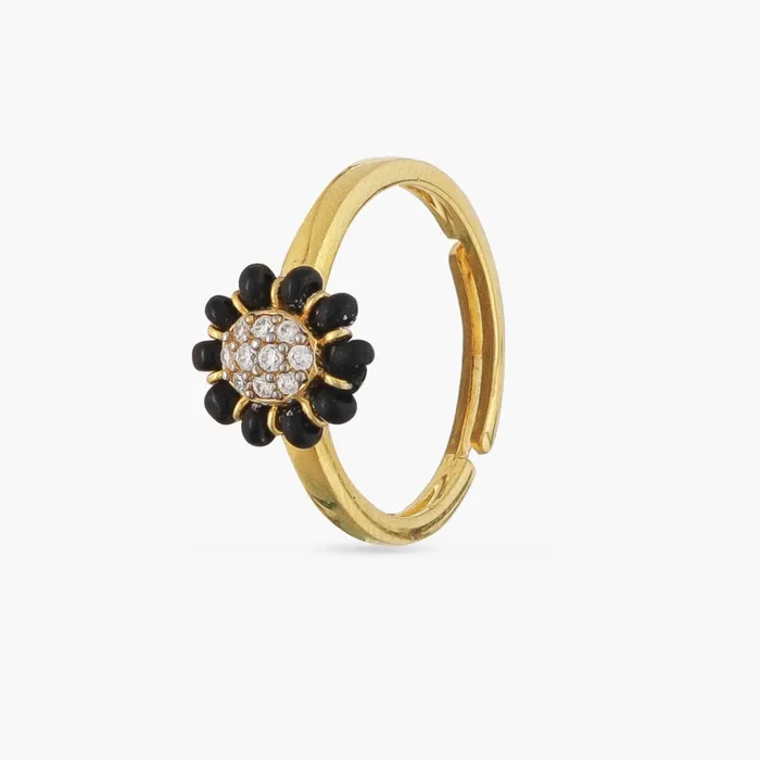 Delicate Floral CZ Silver Black Bead Ring SILVER Rings