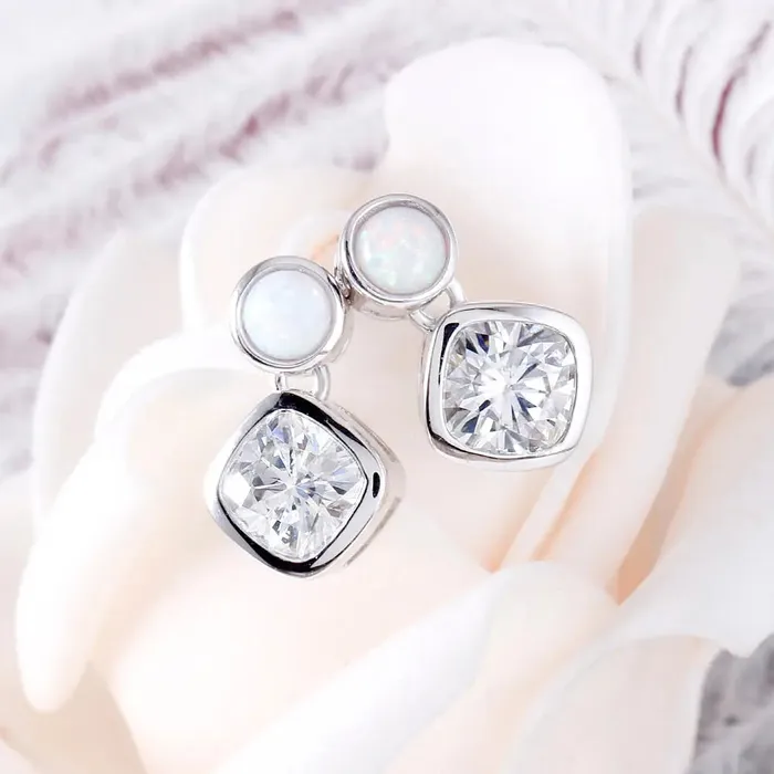 Earrings Luxus Moissanite Rings Jewelry Platinum Plated Silver Moissanite With White Opal Earrings 2ctw