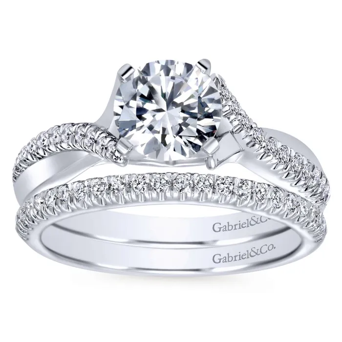 Gabriel Bridal Collection White Gold Diamond Diamond Accent Criss Cross Engagement Ring with Cathedral Setting 019 ctw International Diamond Center Rings Gabriel Bridal Collection White Gold Diamond Diamond Accent Criss Cross Engagement Ring with Cathedral Setting 019 ctw International Diamond Center Rings