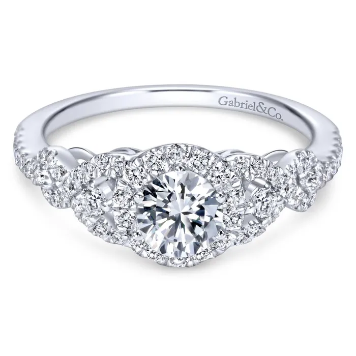 Gabriel Bridal Collection White Gold Diamond Halo Slight Twisted Shank Engagement Ring 044 ctw International Diamond Center Rings