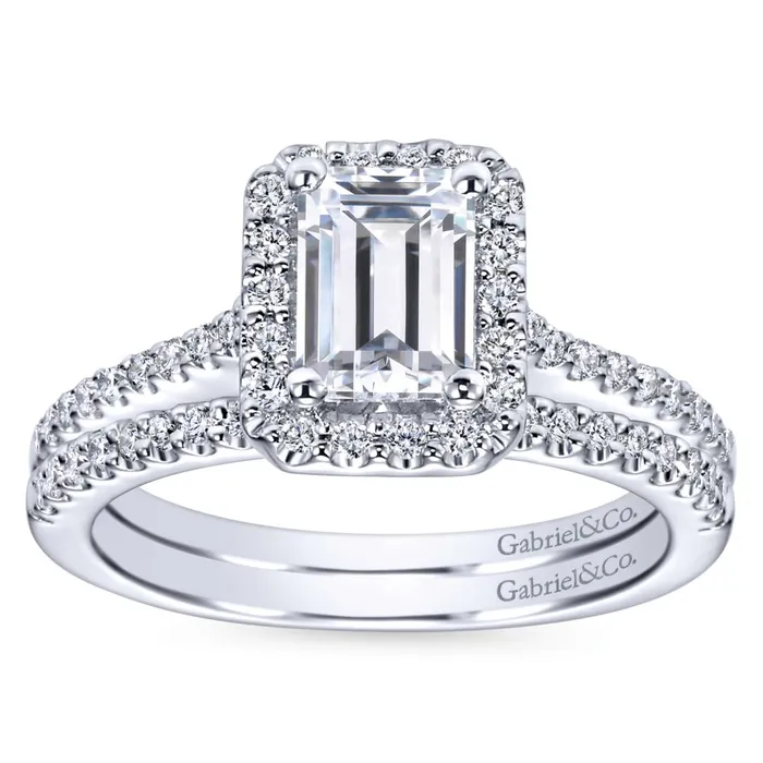Gabriel Bridal Collection White Gold Emerald Cut Diamond Halo Engagement Ring with Diamond Accent Shank 028 ctw International Diamond Center Rings Gabriel Bridal Collection White Gold Emerald Cut Diamond Halo Engagement Ring with Diamond Accent Shank 028 ctw International Diamond Center Rings
