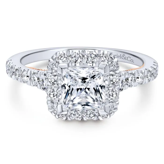 Gabriel Bridal Collection White Gold Halo Engagement Ring with Rose Gold Accents 076 ctw International Diamond Center Rings Gabriel Bridal Collection White Gold Halo Engagement Ring with Rose Gold Accents 076 ctw International Diamond Center Rings