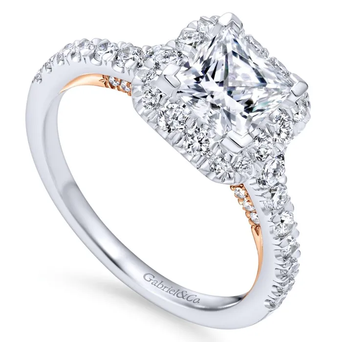 Gabriel Bridal Collection White Gold Halo Engagement Ring with Rose Gold Accents 076 ctw International Diamond Center Rings Gabriel Bridal Collection White Gold Halo Engagement Ring with Rose Gold Accents 076 ctw International Diamond Center Rings
