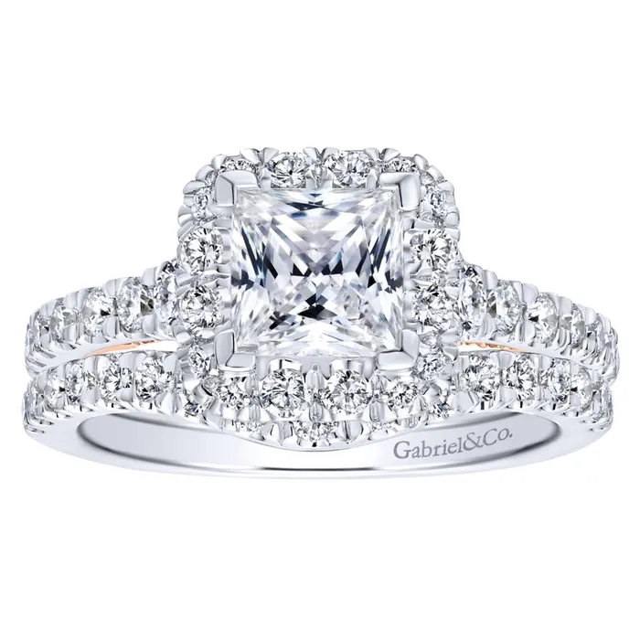 Gabriel Bridal Collection White Gold Halo Engagement Ring with Rose Gold Accents 076 ctw International Diamond Center Rings Gabriel Bridal Collection White Gold Halo Engagement Ring with Rose Gold Accents 076 ctw International Diamond Center Rings