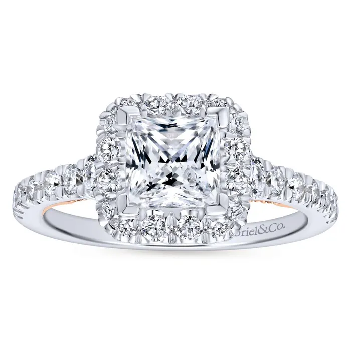 Gabriel Bridal Collection White Gold Halo Engagement Ring with Rose Gold Accents 076 ctw International Diamond Center Rings Gabriel Bridal Collection White Gold Halo Engagement Ring with Rose Gold Accents 076 ctw International Diamond Center Rings