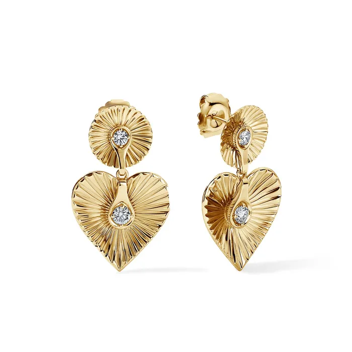 Gold and Diamond Fluted Round Heart Drop Earrings SG Fine Earrings