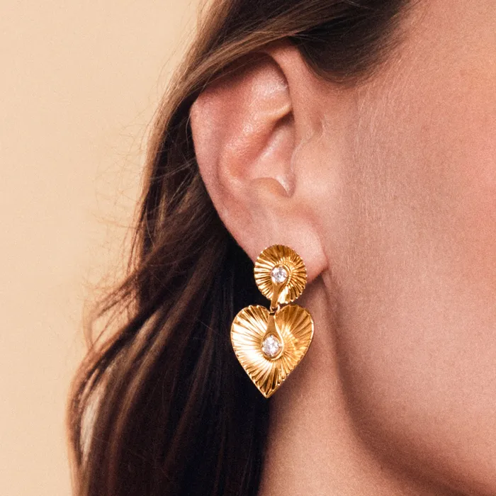 Gold and Diamond Fluted Round Heart Drop Earrings SG Fine Earrings