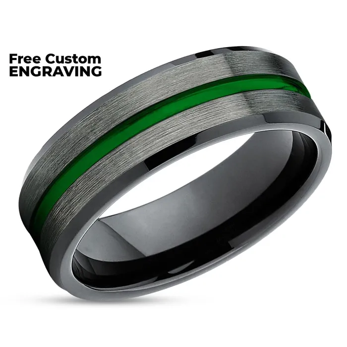 Green Tungsten Wedding Band Gunmetal Tungsten Wedding Band Mens Green Ring Clean Casting Jewelry Rings