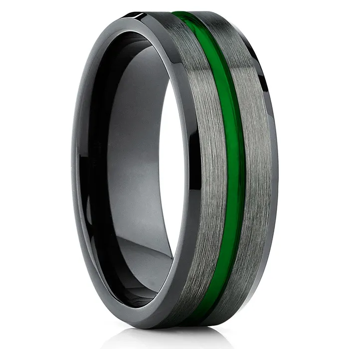 Green Tungsten Wedding Band Gunmetal Tungsten Wedding Band Mens Green Ring Clean Casting Jewelry Rings