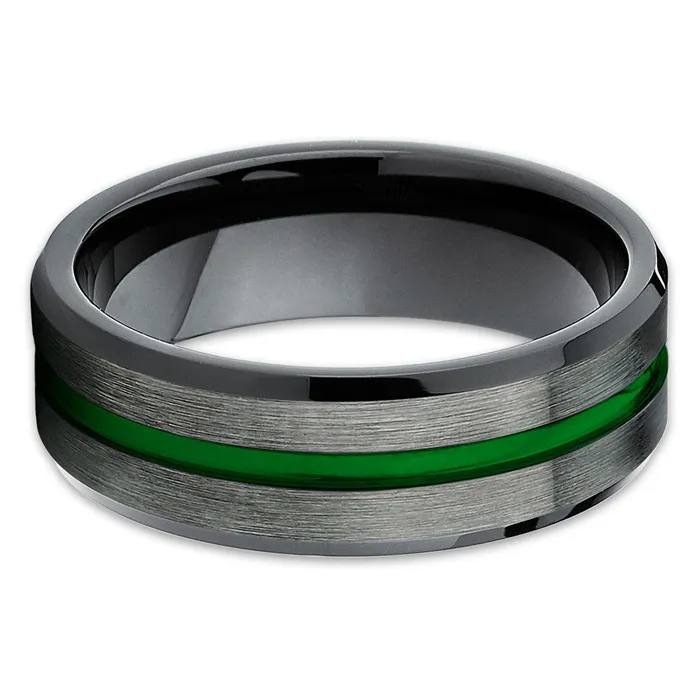 Green Tungsten Wedding Band Gunmetal Tungsten Wedding Band Mens Green Ring Clean Casting Jewelry Rings