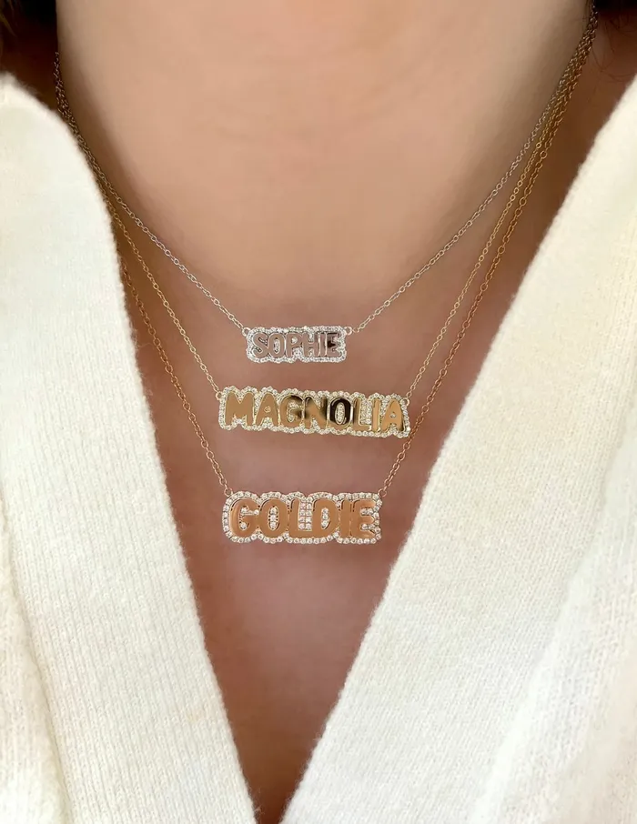 Necklaces SG Fashion Sterling Silver Large Bubble Name with Pave Outline Necklace